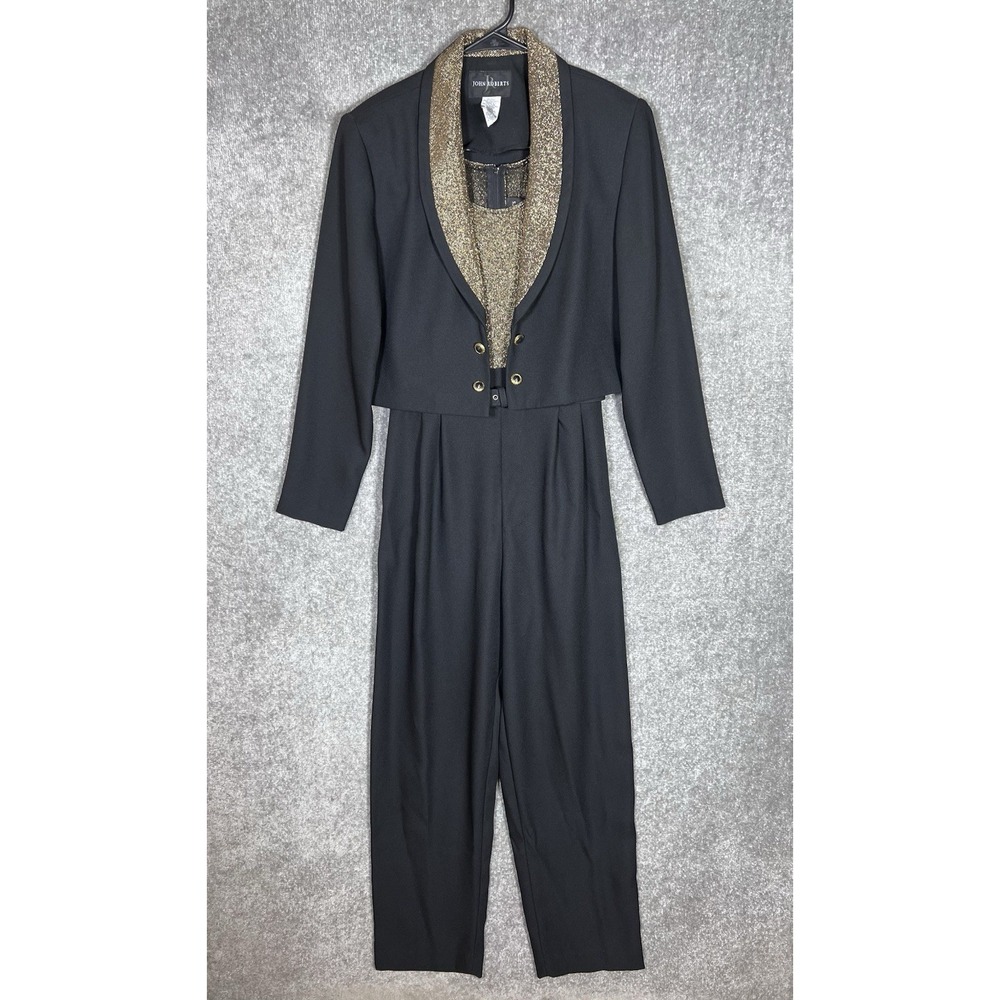 Vintage John Roberts 2pc Jumpsuit Blazer Set Womens Size 8 Black Gold Metallic